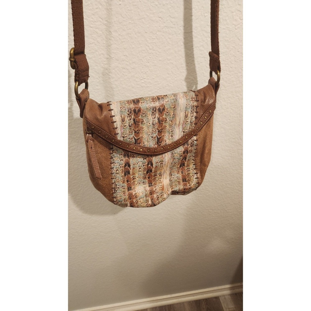 The Sak Deena Flap Foldover Brown Leather Crossbody Bag with Studs Feather Print